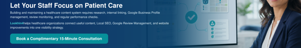 Queens physician reviewing healthcare website traffic, Google reviews, and local search performance on laptop screen.