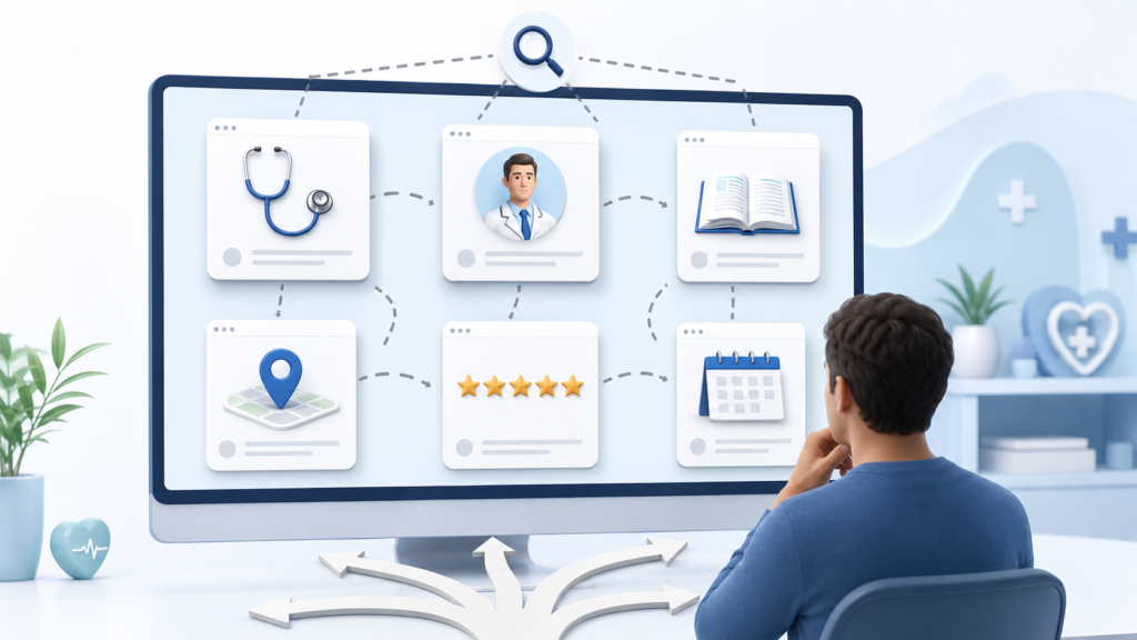 NYC medical practice topic cluster connecting healthcare articles, Google reviews, Local SEO, and patient appointments.