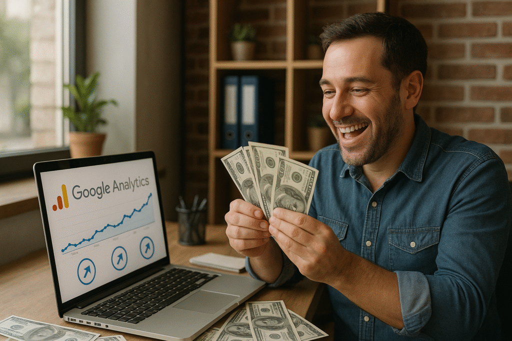 “Business owner checking website traffic metrics on Google Analytics using a laptop.”