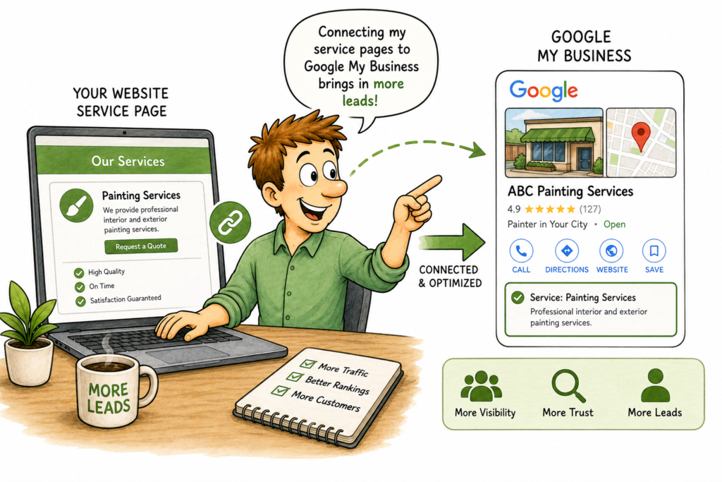 Cartoon illustration of online service pages helping a business owner get discovered locally.