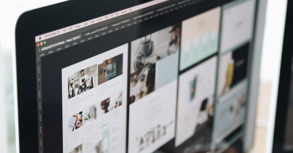 A modern computer screen displaying web design work, showcasing creative visuals in a workspace.