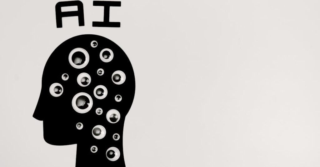 Foundational SEO AI concept illustrated with a silhouette head full of eyes, symbolizing observation, data analysis, and technology.