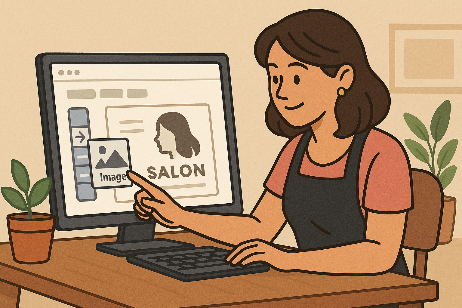 Salon onwers useing drag and drop to build her online business