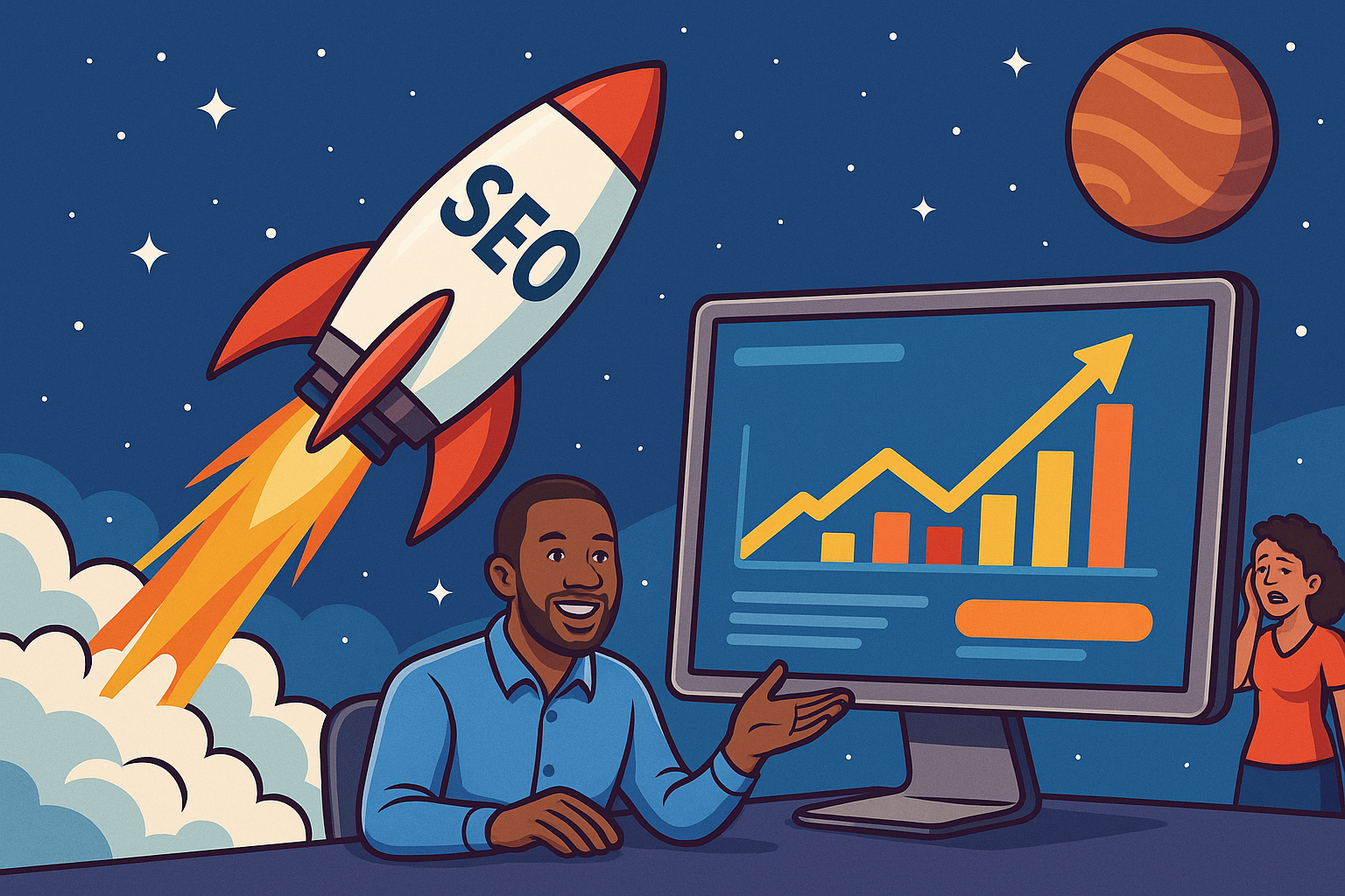 Rocket launching from laptop screen symbolizing content creation boosting website SEO