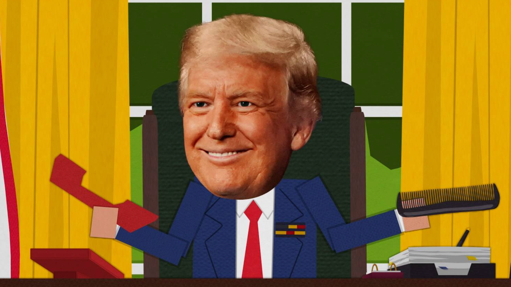 "Donald Trump sitting at the Resolute Desk in the Oval Office, appearing stern and authoritative, with American flags and presidential decor in the background."