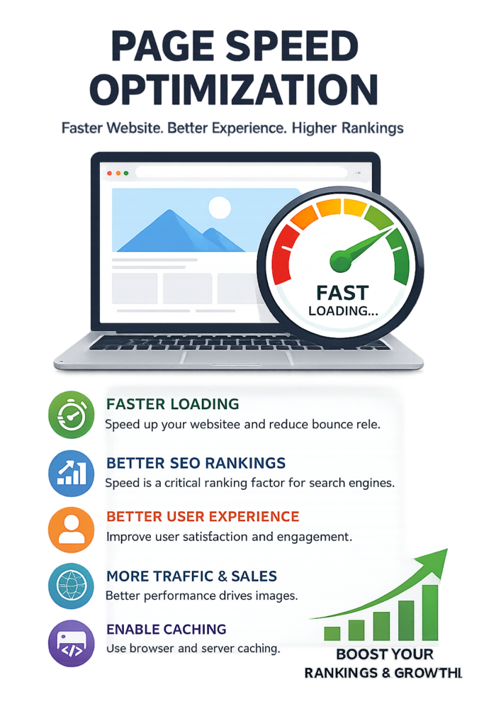 Page speed optimization visual showing faster load times and better rankings.