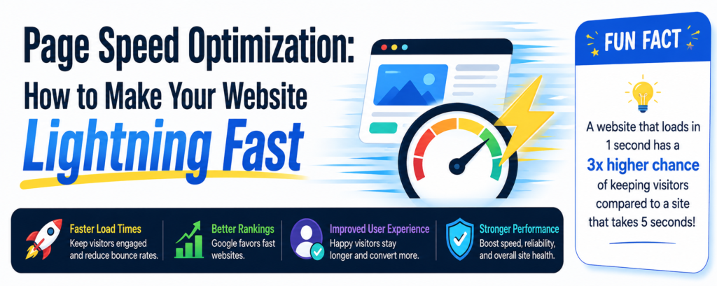 Page speed optimization graphic with speedometer, lightning bolt, and website loading icons.