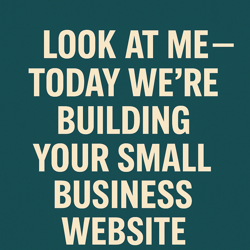Motivational graphic with text 'Look at me — today we’re building your small business website' in bold cream letters on a teal background