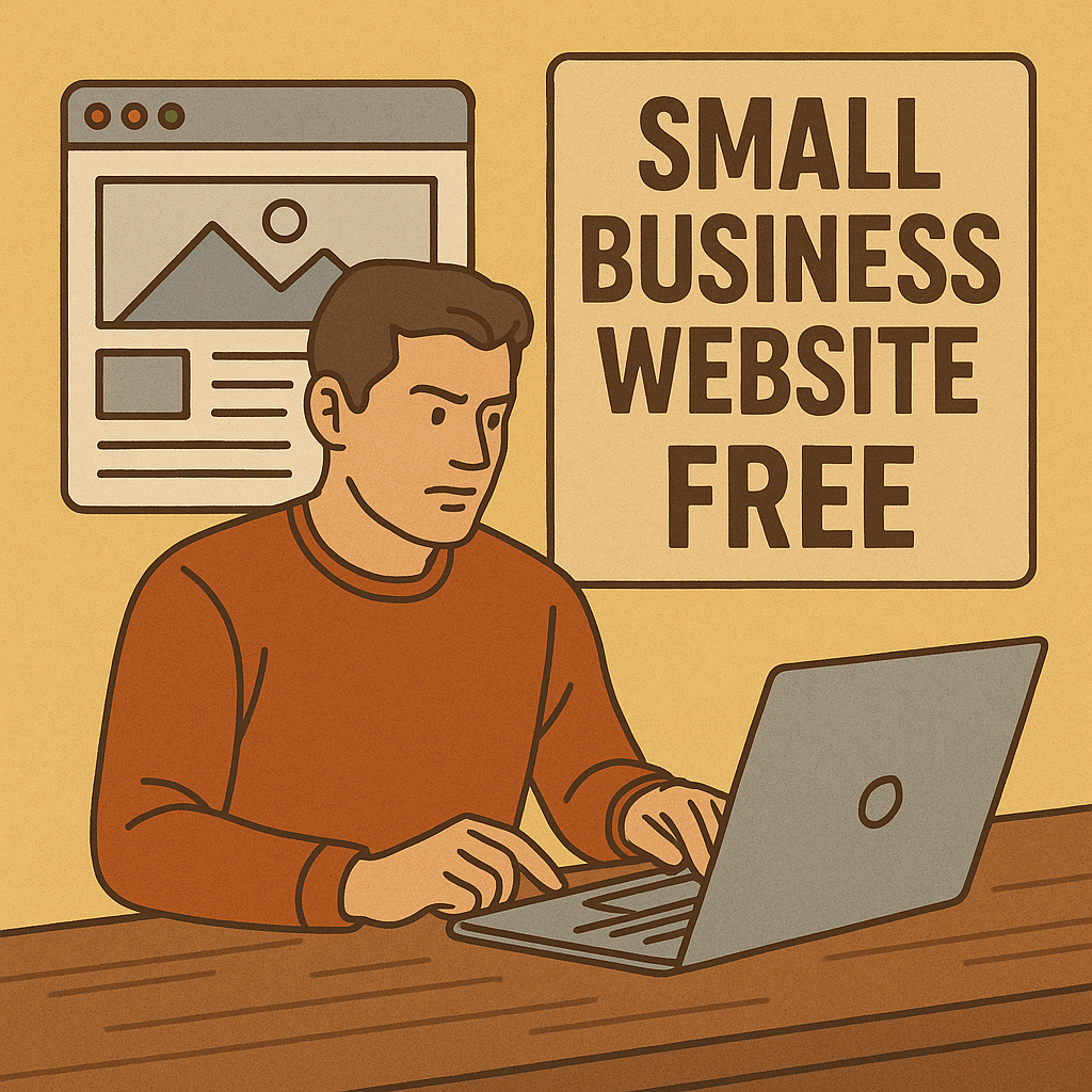 Illustration of a man building a small business website on his laptop, with a sign that says 'Small Business Website Free' behind him.