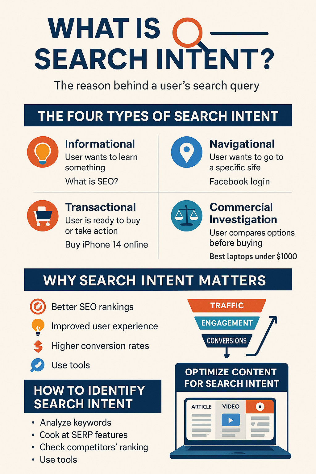 Illustration of search intent showing informational, navigational, and transactional keywords.