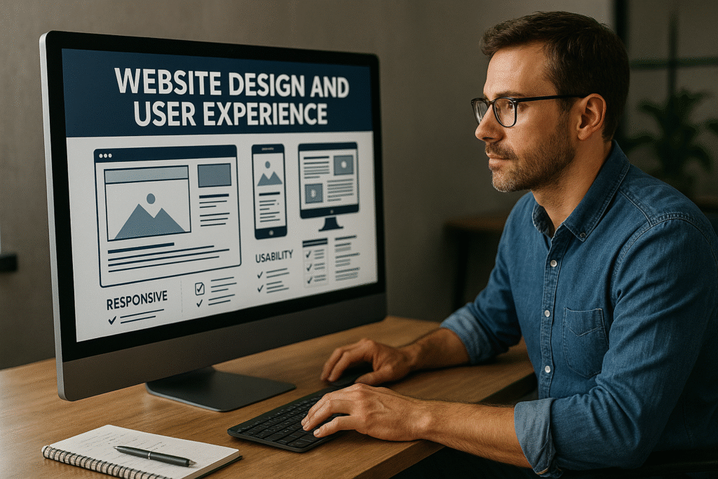 “Web designer working on website design and user experience wireframes to improve website traffic and engagement.”