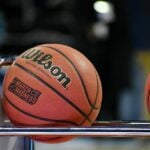 Wilson basketball on rack