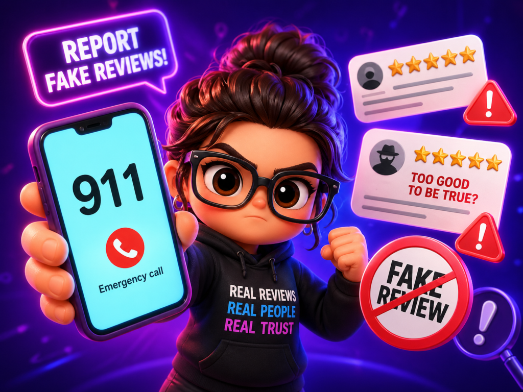 3D cartoon police officer points to a glowing sign that says report fake reviews, with fake review cards and warning icons in the background.