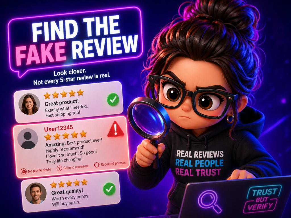 Bright purple and pink graphic shows fake star ratings, warning symbols, and the message to report fake reviews for stronger business trust.