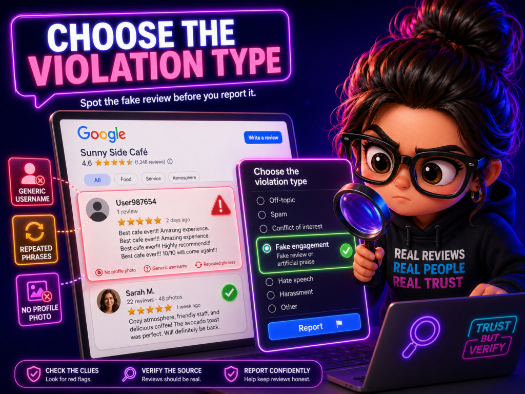 3D cartoon scene with glowing review panels showing suspicious comments and a call to report fake reviews before they harm a business.