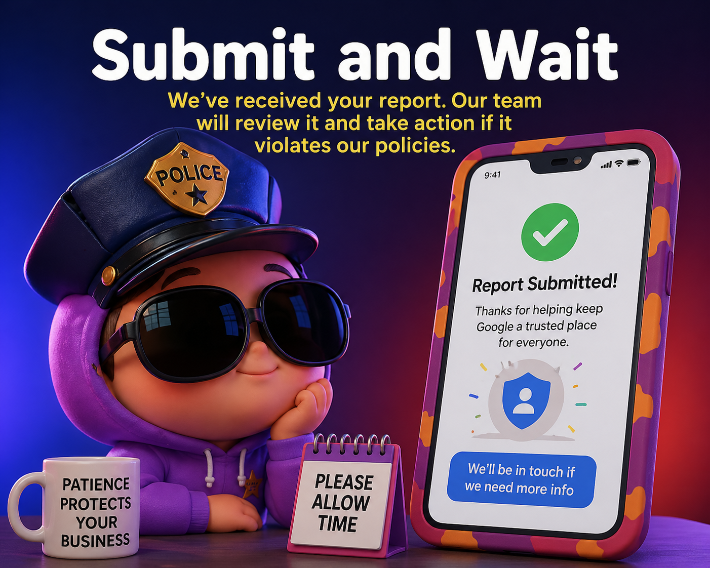 Bright purple and pink graphic shows fake star ratings, warning symbols, and the message to report fake reviews for stronger business trust.