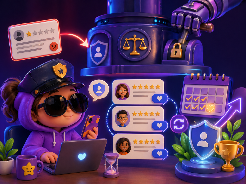 Fun neon poster showing a business review safety team teaching people how to report fake reviews and build real trust.