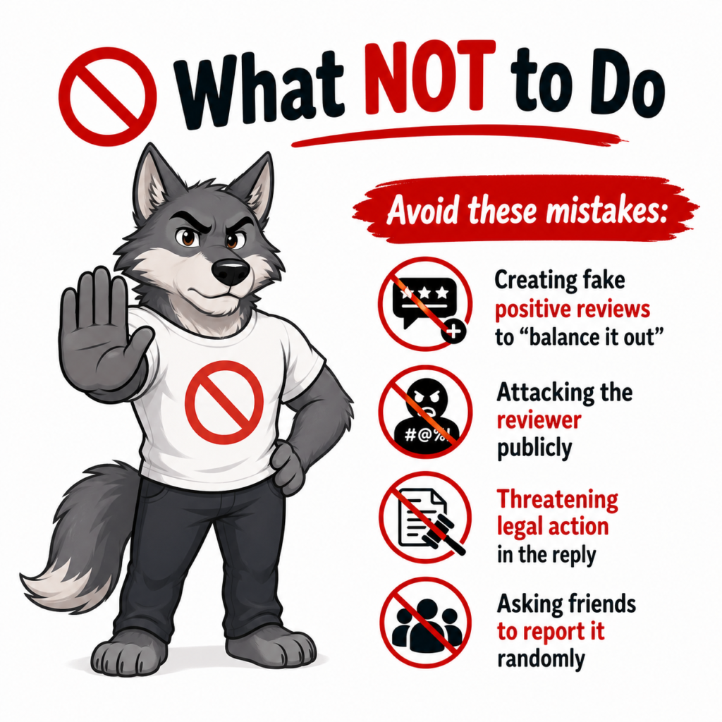 Wolf mascot raises a stop-hand gesture beside a cartoon officer as they warn viewers to report fake reviews instead of ignoring them.