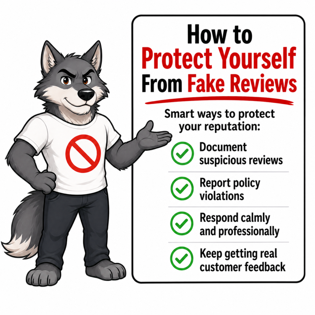 Digital trust poster showing fake review alerts and a call for business owners to report fake reviews through the proper process.