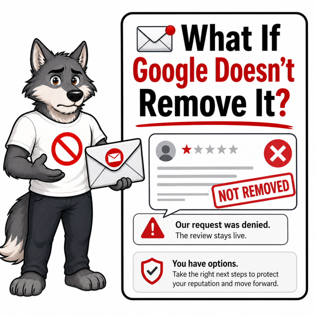Wolf mascot raises a stop-hand gesture beside a cartoon officer as they warn viewers to report fake reviews instead of ignoring them