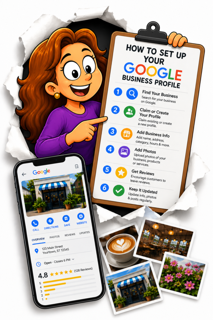 Google Maps business profile viewed on a smartphone displaying customer reviews, navigation options, contact information, business hours, photos, and local search optimization features.