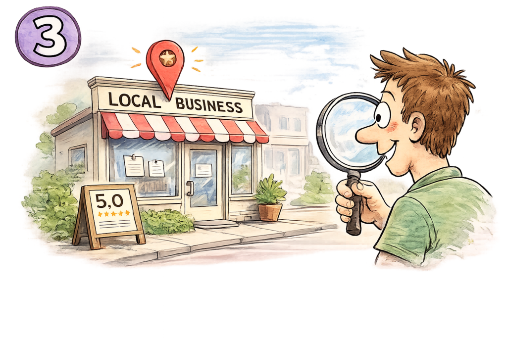 Hand-drawn illustration of a service page linked to a business profile for more leads.