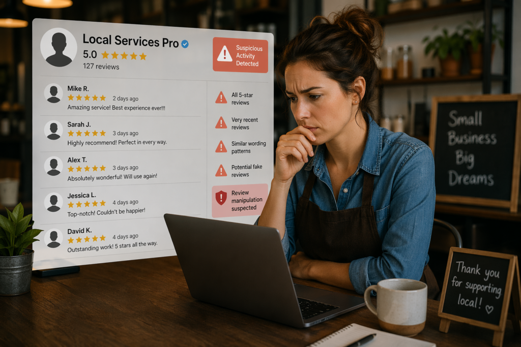 A realistic editorial-style illustration of a small business owner seated at a desk, studying an online review profile on a laptop screen. The review profile shows multiple suspiciously perfect five-star reviews in neat rows, with subtle warning icons, alert badges, and trust-risk indicators visible around the interface. The business owner has a concerned, skeptical expression, leaning forward as if investigating fake or manipulated reviews.