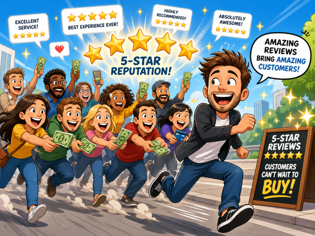 Customer decision journey showing how Google reviews influence trust, clicks, phone calls, and purchases for small businesses.