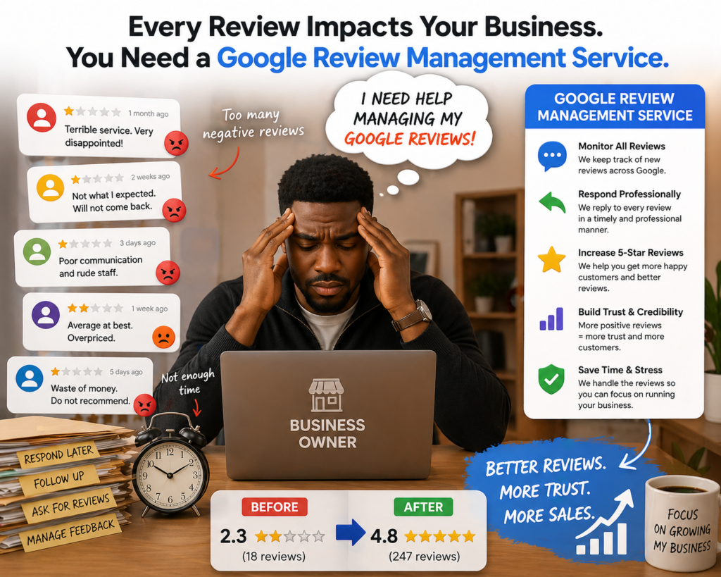 Buyer Decisions
Cartoon-style graphic showing customers using online reviews, star ratings, and social proof to feel confident before choosing a business.