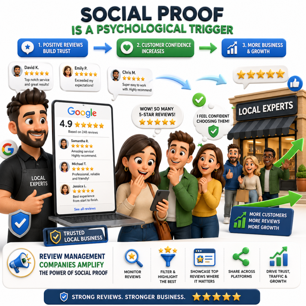 Customers Comparing Businesses on Google
Cartoon customers comparing local businesses on Google-style profiles, using ratings, review counts, and trust signals to choose the best option.