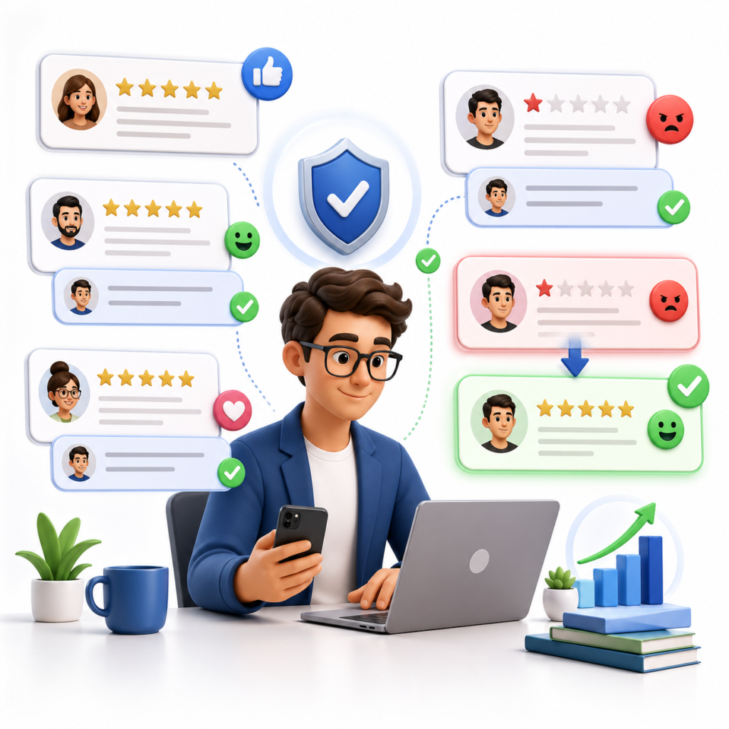 Responding to Positive and Negative Reviews
Cartoon business owner calmly responding to both positive and negative customer reviews, showing how professional replies build trust.