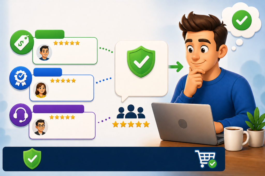 Cartoon business owner calmly handling many negative reviews at a computer, using professional responses and a reputation plan.