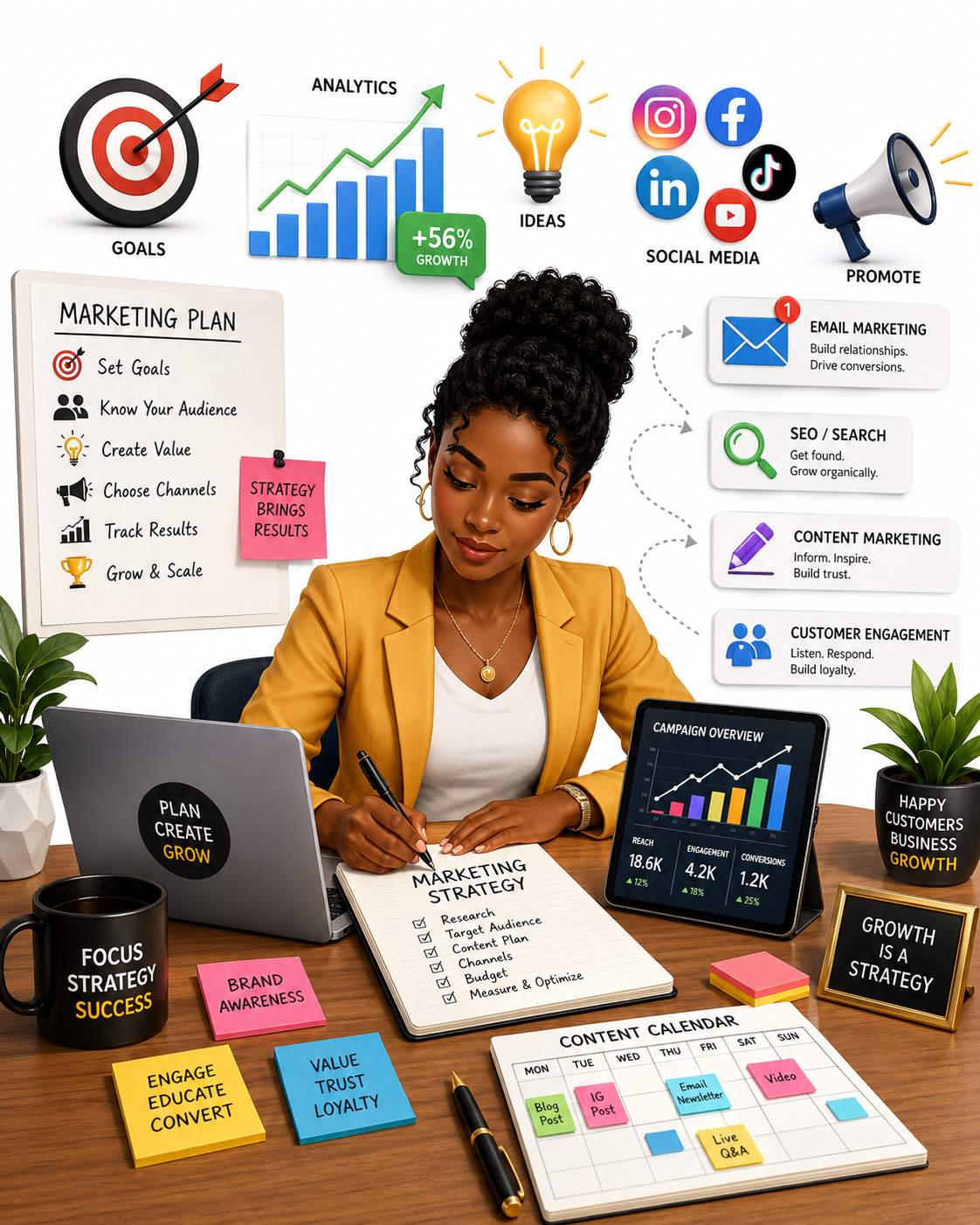 Reviews Answer Customer Concerns
Cartoon customer reviewing pricing, quality, and customer service feedback on a laptop, with star ratings and trust icons showing confidence in the decisions