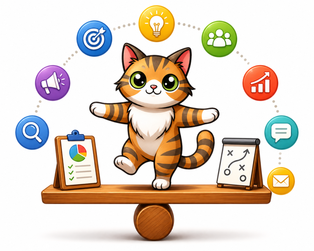 Marketing Strategy Balance Cat
Cute tabby cat balancing on a wooden beam surrounded by marketing icons, representing a balanced marketing strategy.