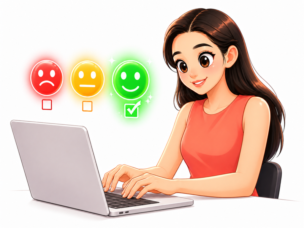 A bubbly cartoon-style illustration of a young woman with large expressive eyes typing on a laptop at a white desk. Three glowing satisfaction icons float beside her: a red sad face, a yellow neutral face, and a green happy face with a checked box, indicating a positive customer rating.