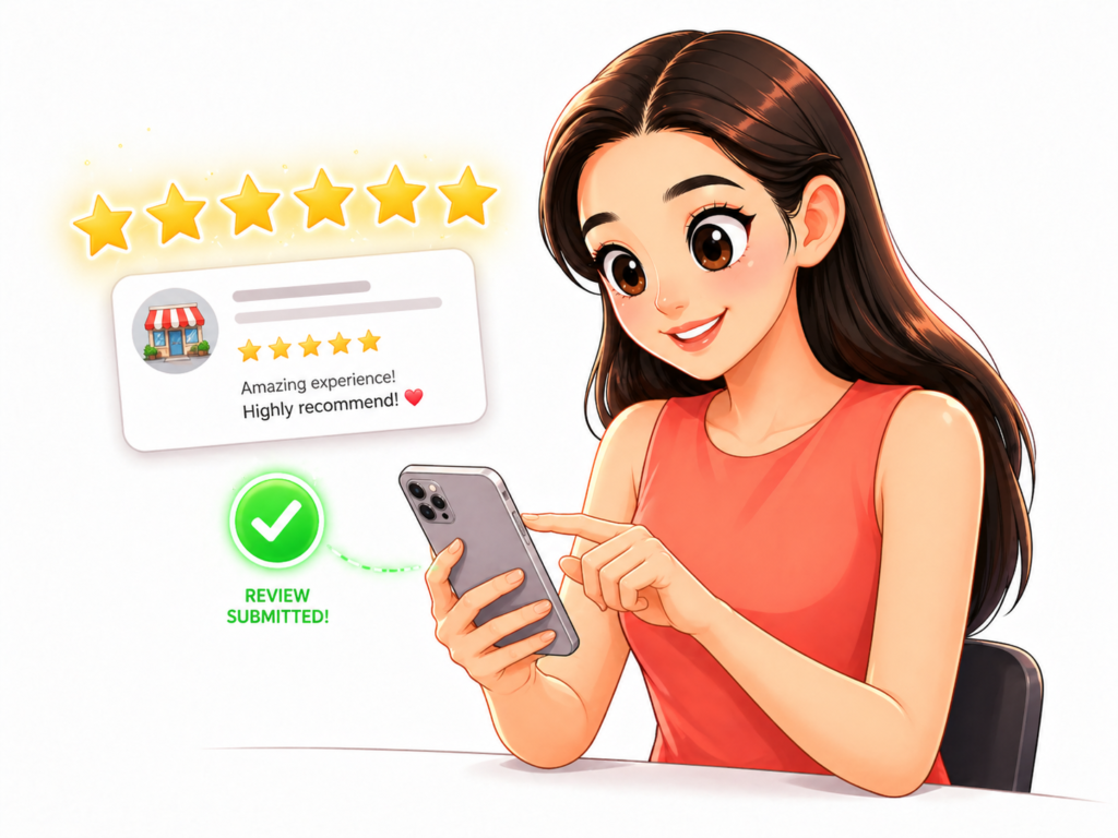 Smartphone displaying a completed Google review for a business.
