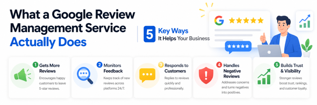 Google Business Profile review section with star rating and feedback options.