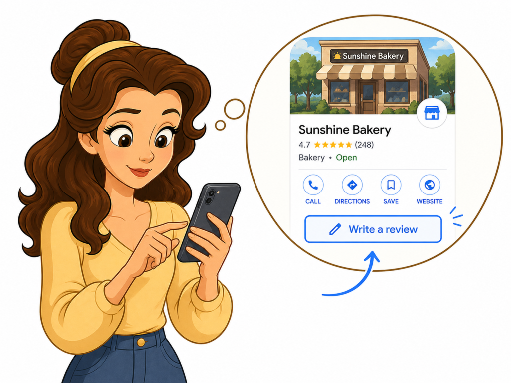 Customer sharing feedback online after visiting a local business.