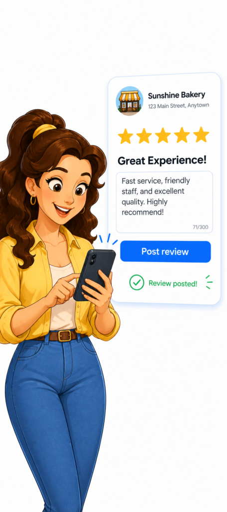 Google review submission process shown on a desktop and mobile screen.