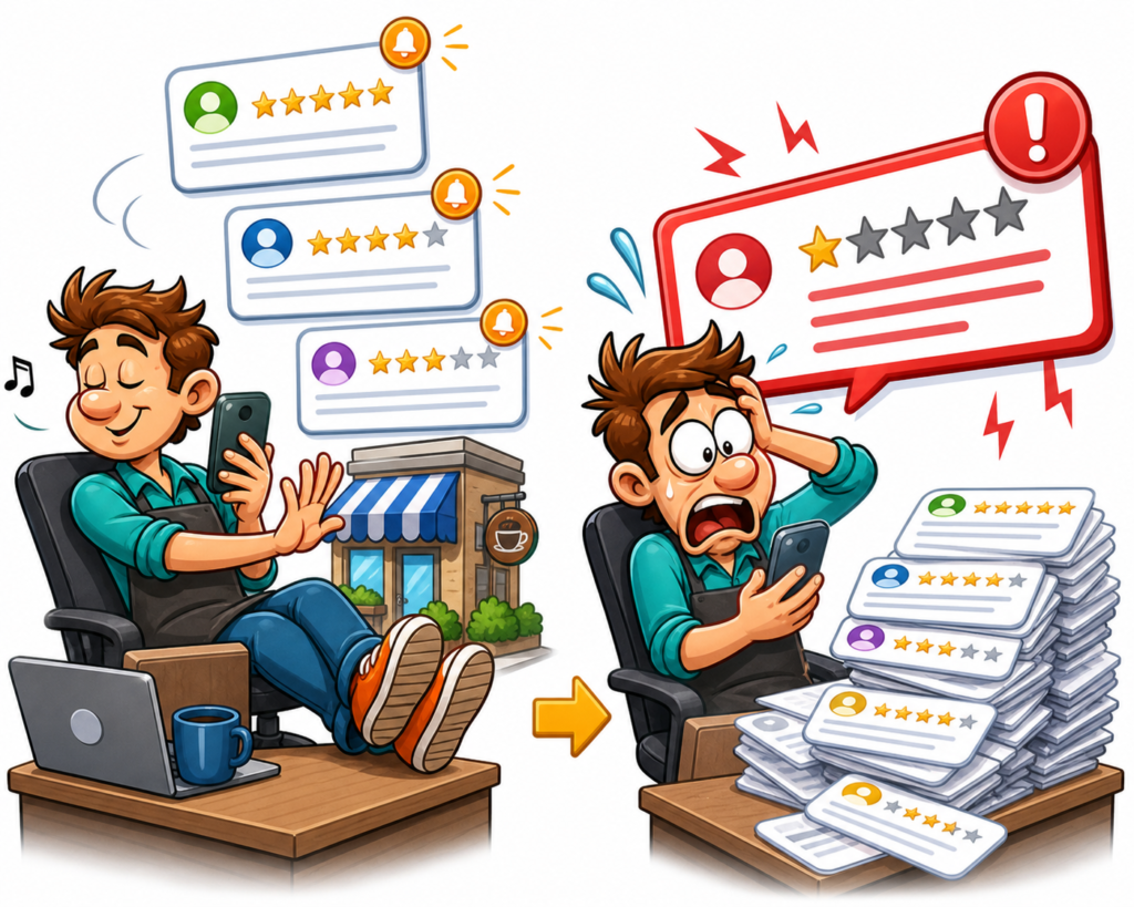 Customer feedback and ratings tracked through a Google review management service by owner