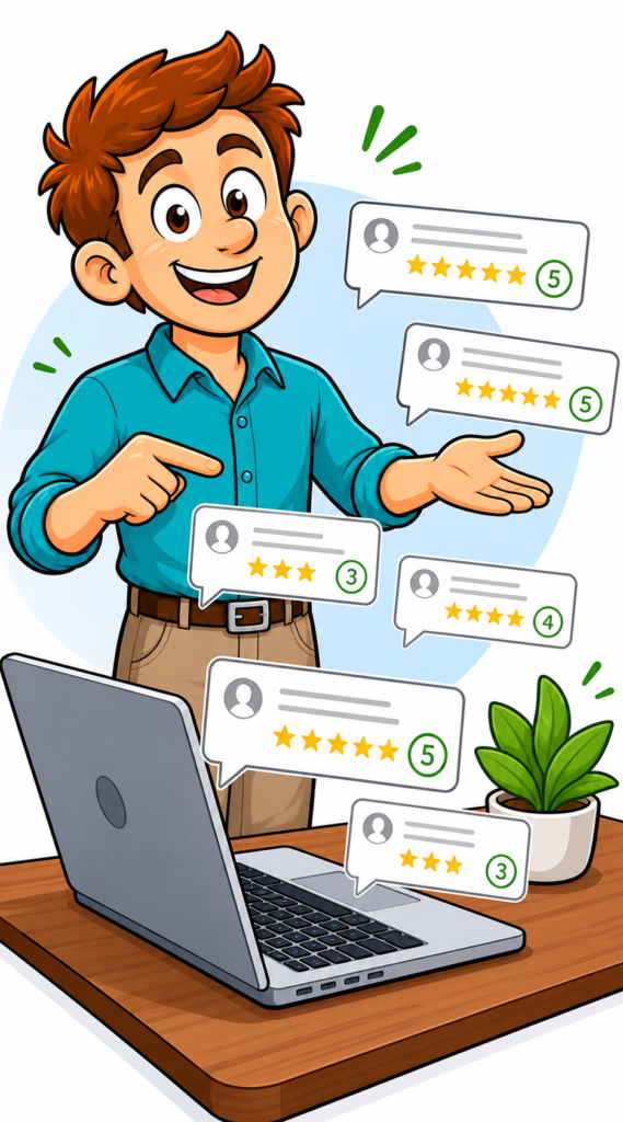 Cartoon man in a teal shirt standing behind a laptop while multiple floating review cards with star ratings appear around him on a clean white background.