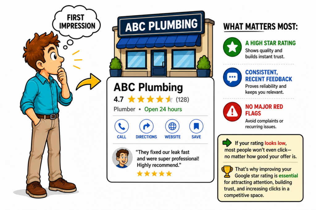Local customer scanning Google Maps reviews customer mindset signals before calling a nearby plumber, salon, restaurant, or service provider.