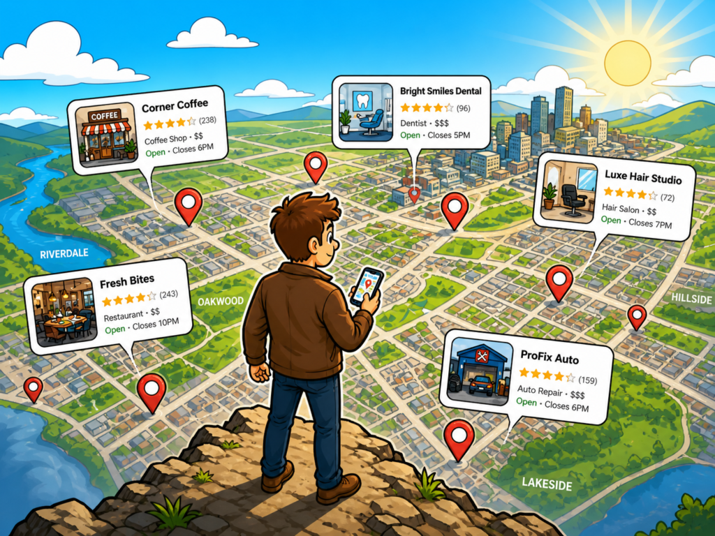Customer comparing Google Maps reviews to decide which local business feels trustworthy, reliable, and worth calling within seconds.