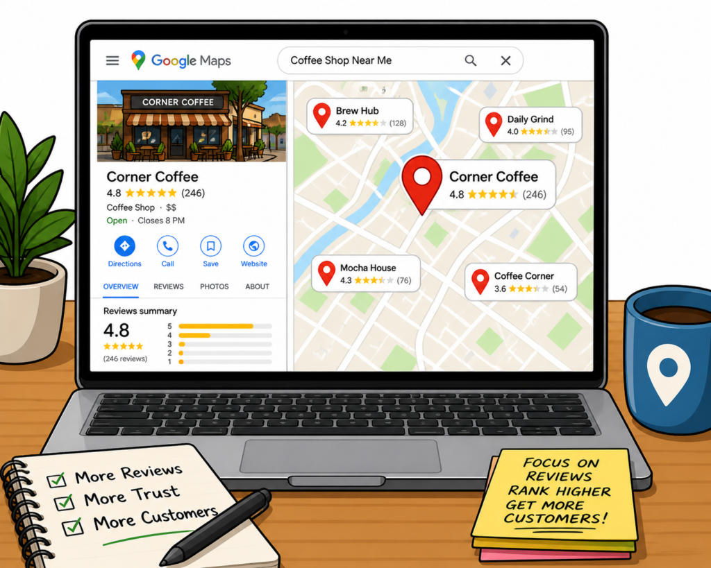 Google Maps reviews customer mindset showing how people scan ratings, photos, and recent feedback before choosing a trusted local business.