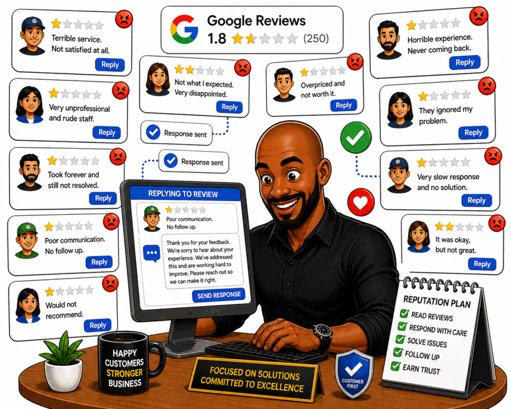Business team responding to positive and negative Google reviews online