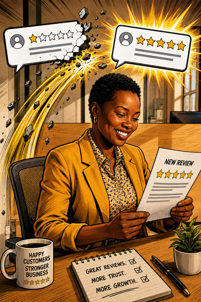 Business owner connecting Google review ratings to trust, clicks, calls, and sales