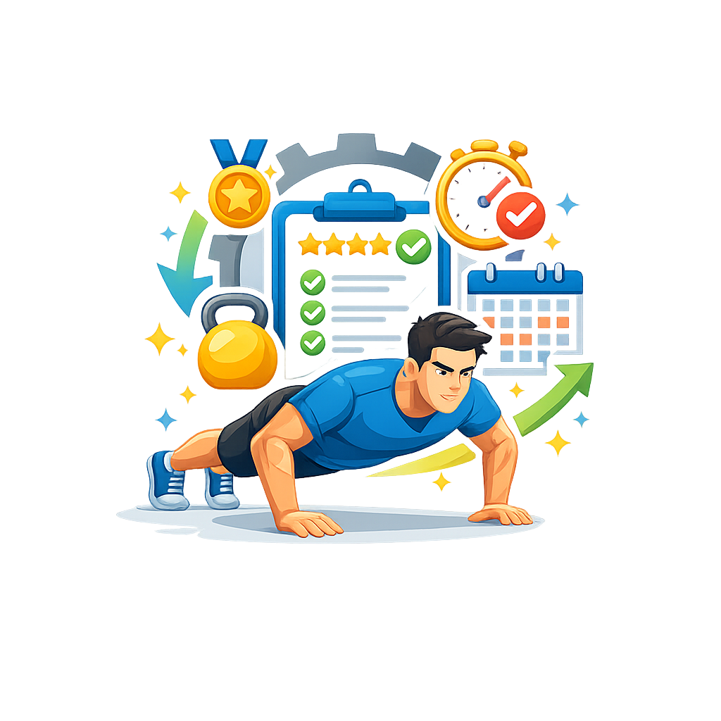 Google Family Link discipline image showing a person doing push-ups with goal icons, checklists, and progress symbols for focus and daily control.
