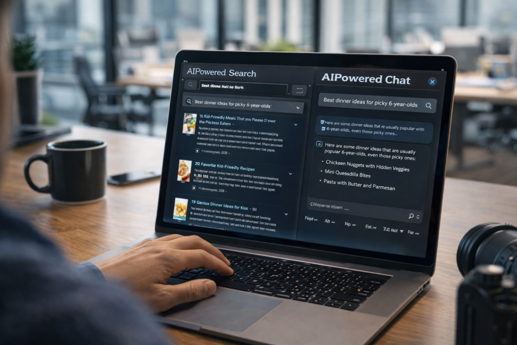 “A person using a laptop with AI-powered search and chat tools on the screen, modern office setting, realistic editorial style.”