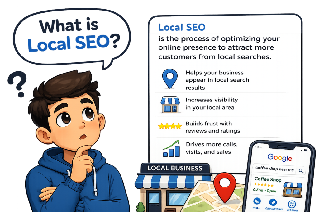 Small business owner using Local SEO to attract nearby customers through Google Search, Maps, reviews, and optimized business listings.