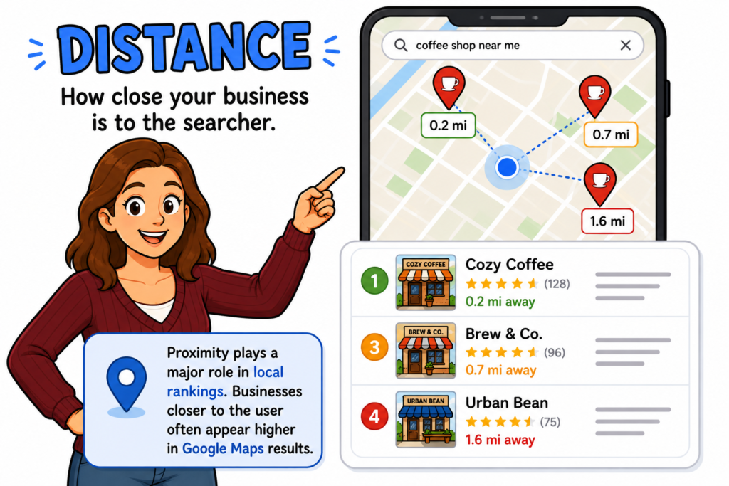 Google Maps local search results displaying small businesses with reviews, ratings, directions, websites, and customer contact options.
